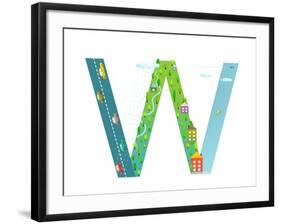 Kids Letter W Sign Cartoon Alphabet with Cars and Houses. for Children Boys and Girls with City, Ho-Popmarleo-Framed Art Print