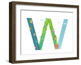 Kids Letter W Sign Cartoon Alphabet with Cars and Houses. for Children Boys and Girls with City, Ho-Popmarleo-Framed Art Print
