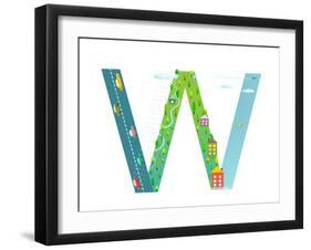 Kids Letter W Sign Cartoon Alphabet with Cars and Houses. for Children Boys and Girls with City, Ho-Popmarleo-Framed Art Print