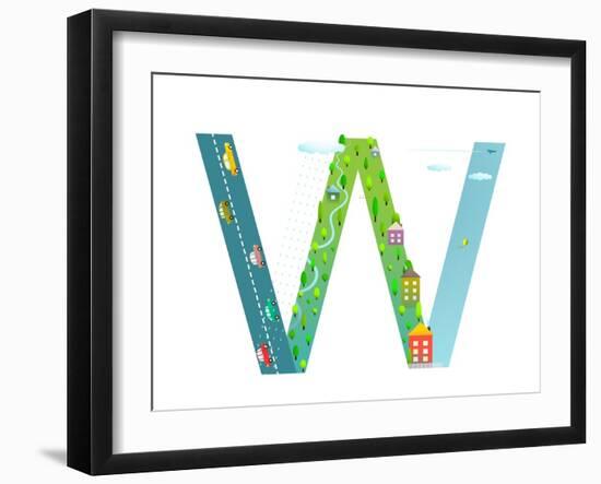 Kids Letter W Sign Cartoon Alphabet with Cars and Houses. for Children Boys and Girls with City, Ho-Popmarleo-Framed Art Print