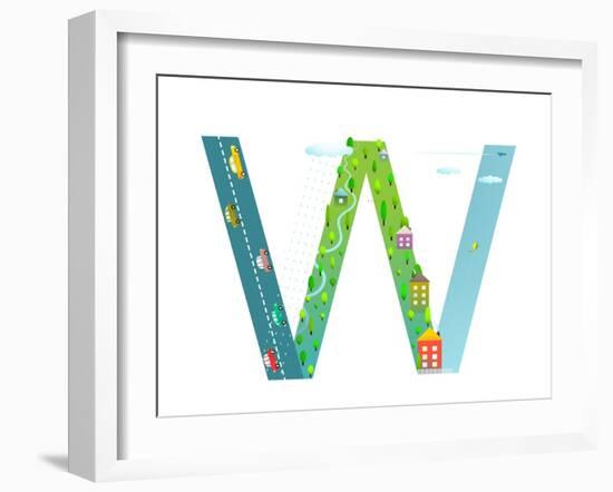 Kids Letter W Sign Cartoon Alphabet with Cars and Houses. for Children Boys and Girls with City, Ho-Popmarleo-Framed Art Print