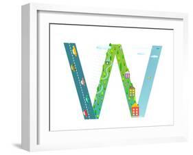 Kids Letter W Sign Cartoon Alphabet with Cars and Houses. for Children Boys and Girls with City, Ho-Popmarleo-Framed Art Print