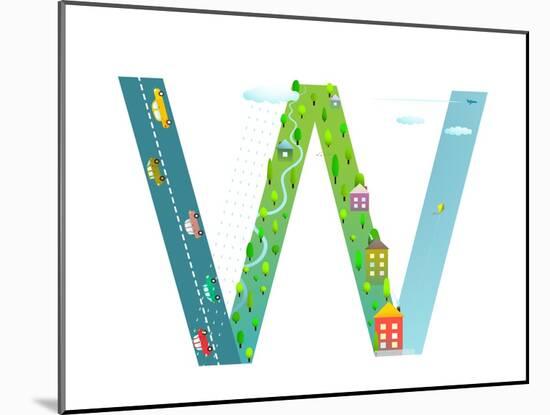 Kids Letter W Sign Cartoon Alphabet with Cars and Houses. for Children Boys and Girls with City, Ho-Popmarleo-Mounted Art Print