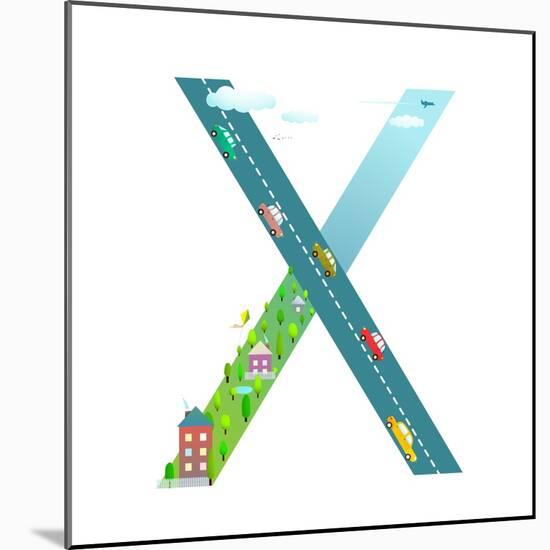 Kids Letter X Sign Cartoon Alphabet with Cars and Houses. for Children Boys and Girls with City, Ho-Popmarleo-Mounted Art Print