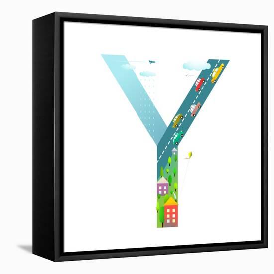 Kids Letter Y Sign Cartoon Alphabet with Cars and Houses. for Children Boys and Girls with City, Ho-Popmarleo-Framed Stretched Canvas