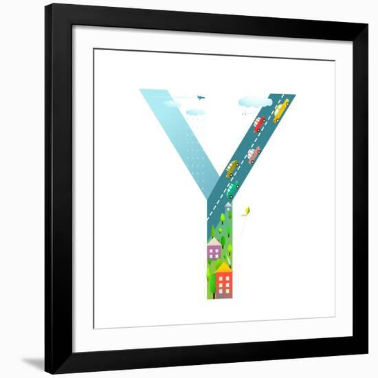Kids Letter Y Sign Cartoon Alphabet with Cars and Houses. for Children Boys and Girls with City, Ho-Popmarleo-Framed Art Print