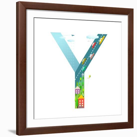 Kids Letter Y Sign Cartoon Alphabet with Cars and Houses. for Children Boys and Girls with City, Ho-Popmarleo-Framed Art Print