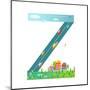 Kids Letter Z Sign Cartoon Alphabet with Cars and Houses. for Children Boys and Girls with City, Ho-Popmarleo-Mounted Art Print