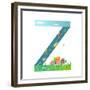 Kids Letter Z Sign Cartoon Alphabet with Cars and Houses. for Children Boys and Girls with City, Ho-Popmarleo-Framed Premium Giclee Print