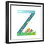 Kids Letter Z Sign Cartoon Alphabet with Cars and Houses. for Children Boys and Girls with City, Ho-Popmarleo-Framed Premium Giclee Print