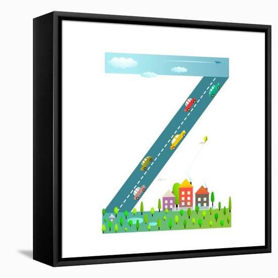 Kids Letter Z Sign Cartoon Alphabet with Cars and Houses. for Children Boys and Girls with City, Ho-Popmarleo-Framed Stretched Canvas