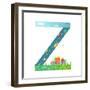 Kids Letter Z Sign Cartoon Alphabet with Cars and Houses. for Children Boys and Girls with City, Ho-Popmarleo-Framed Art Print