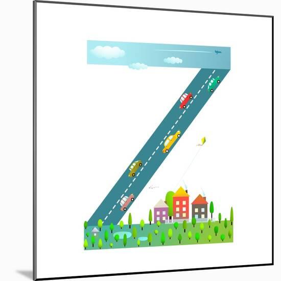 Kids Letter Z Sign Cartoon Alphabet with Cars and Houses. for Children Boys and Girls with City, Ho-Popmarleo-Mounted Art Print