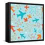 Kids pattern background with color planes, arrows and stars-barkarola-Framed Stretched Canvas