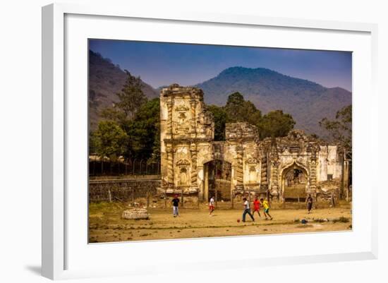 Kids Playing Soccer at Ruins in Antigua, Guatemala, Central America-Laura Grier-Framed Photographic Print