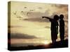 Kids Silhouette Looking at Birds on the Sky in Air-zurijeta-Stretched Canvas