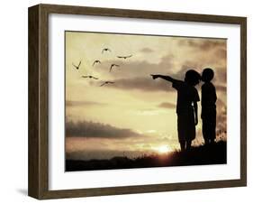 Kids Silhouette Looking at Birds on the Sky in Air-zurijeta-Framed Photographic Print