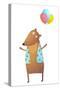 Kids Teddy Bear with Balloons Colorful Cartoon. Happy Fun Watercolor Style Animal Congratulation Fo-Popmarleo-Stretched Canvas