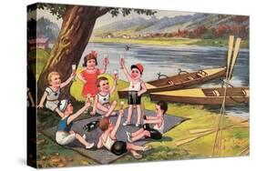 Kids with Rowboats Toasting-null-Stretched Canvas