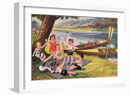 Kids with Rowboats Toasting-null-Framed Premium Giclee Print