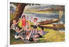 Kids with Rowboats Toasting-null-Framed Art Print