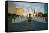 Kiener Plaza - "The Runner" in water fountain in front of historic Old Court House and Gateway A...-null-Framed Stretched Canvas