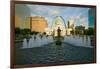 Kiener Plaza - "The Runner" in water fountain in front of historic Old Court House and Gateway A...-null-Framed Photographic Print