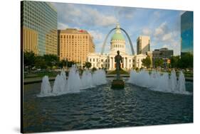 Kiener Plaza - "The Runner" in water fountain in front of historic Old Court House and Gateway A...-null-Stretched Canvas
