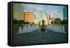 Kiener Plaza - "The Runner" in water fountain in front of historic Old Court House and Gateway A...-null-Framed Stretched Canvas