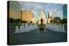 Kiener Plaza - "The Runner" in water fountain in front of historic Old Court House and Gateway A...-null-Stretched Canvas