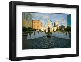 Kiener Plaza - "The Runner" in water fountain in front of historic Old Court House and Gateway A...-null-Framed Photographic Print