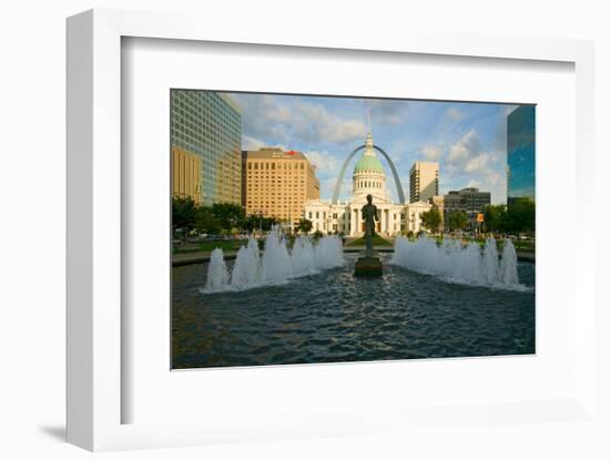 Kiener Plaza - "The Runner" in water fountain in front of historic Old Court House and Gateway A...-null-Framed Photographic Print