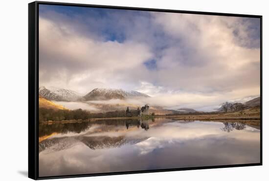 Kilchurn Castle reflected in Loch Awe at dawn in winter, Highlands, Scotland-Adam Burton-Framed Stretched Canvas