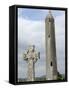 Kilmacdaugh Round Tower and Celtic Style Cross, Near Gort, County Galway, Connacht, Ireland-Gary Cook-Framed Stretched Canvas