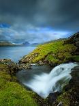 A Waterfall Cascading over the Black Sand Beach of Bour into the Sorvagsfjorour, Vagar Island, Faro-Kimberley Coole-Photographic Print