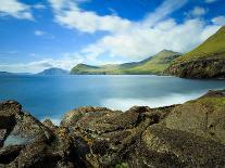 A Waterfall Cascading over the Black Sand Beach of Bour into the Sorvagsfjorour, Vagar Island, Faro-Kimberley Coole-Photographic Print