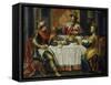 King Ahasuerus (Xerxes) Giving Banquet for Esther, 17th Century Painting on Copper-Flemish School-Framed Stretched Canvas