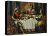 King Ahasuerus (Xerxes) Giving Banquet for Esther, 17th Century Painting on Copper-Flemish School-Stretched Canvas