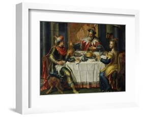 King Ahasuerus (Xerxes) Giving Banquet for Esther, 17th Century Painting on Copper-Flemish School-Framed Giclee Print