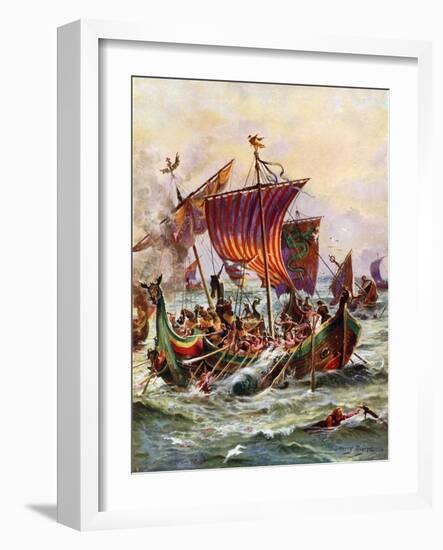 King Alfred's Galleys Attacking the Viking Dragon Ships, 897-Henry Payne-Framed Giclee Print