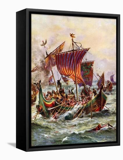 King Alfred's Galleys Attacking the Viking Dragon Ships, 897-Henry Payne-Framed Stretched Canvas