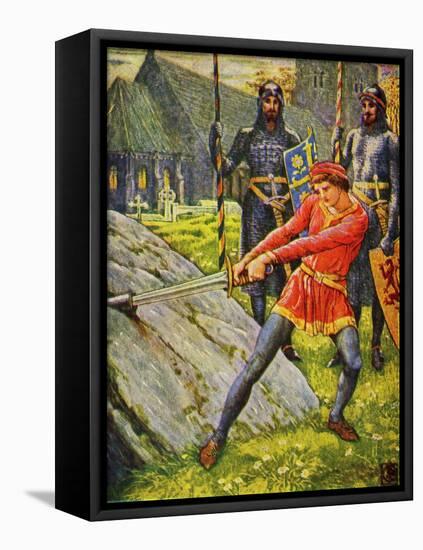 King Arthur pulls the sword from the stone-Walter Crane-Framed Stretched Canvas