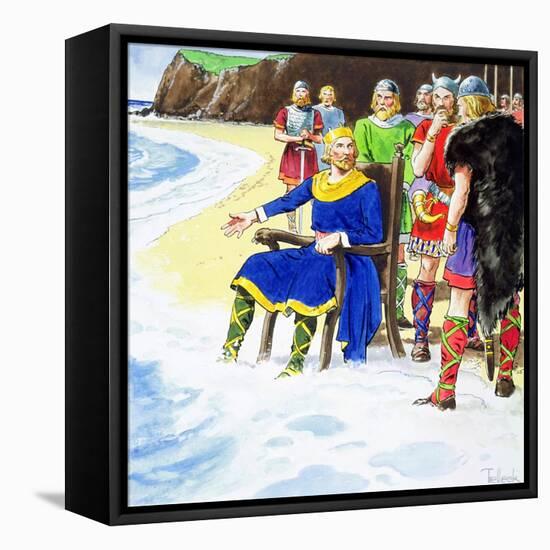 King Canute failing to hold back the waves, early 11th century (c1900)-Trelleek-Framed Stretched Canvas