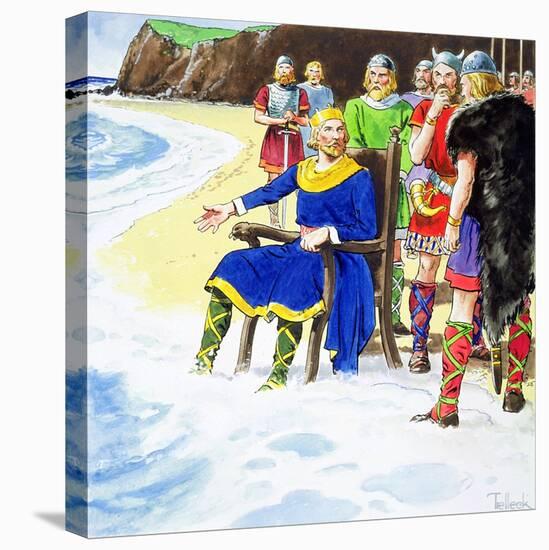 King Canute failing to hold back the waves, early 11th century (c1900)-Trelleek-Stretched Canvas