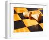 King chess piece lying on chessboard-null-Framed Photographic Print