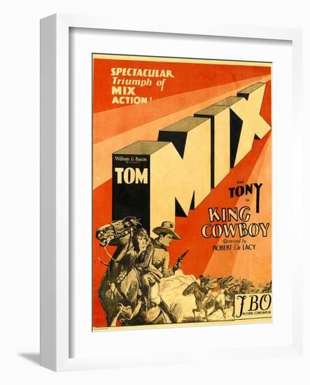 KING COWBOY, lower left, from left to right: Tony the Wonder Horse, Sally Blane, Tom Mix, 1928.-null-Framed Art Print
