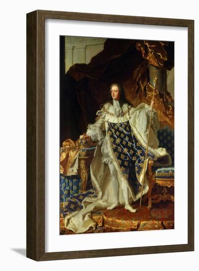 King Louis XV of France in Coronation Robe. 1730-Hyacinthe Rigaud-Framed Art Print
