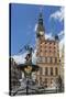 King Neptune Statue in the Long Market, Dlugi Targ, with Town Hall Clock, Gdansk, Poland, Europe-Michael Nolan-Stretched Canvas