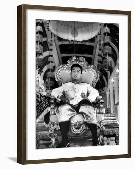 King Norodom Sihanouk of Cambodia Sitting in His Throne Wearing "Sampots", Sarong Style Pants-Howard Sochurek-Framed Premium Photographic Print