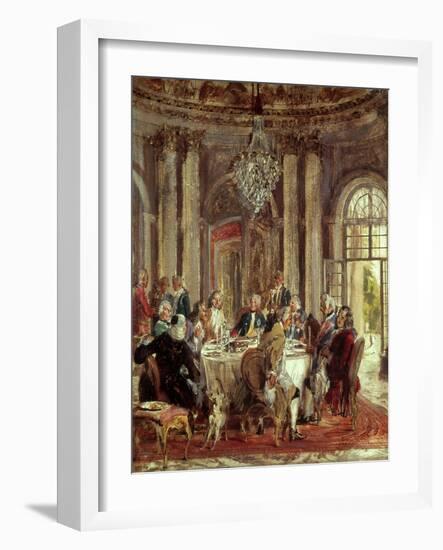 King of Prussia Frederic II the Great at Sans-Souci Castle, with Voltaire-Adolf Menzel-Framed Art Print